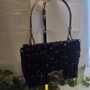 Badgley Mischka Sequin Prom Bag Formal Evening Clutch Black Gold NWT